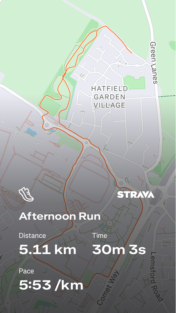 A Strava map of my latest run; Distance: 5.11 km Pace: 5:53 /km Time: 30m 3s