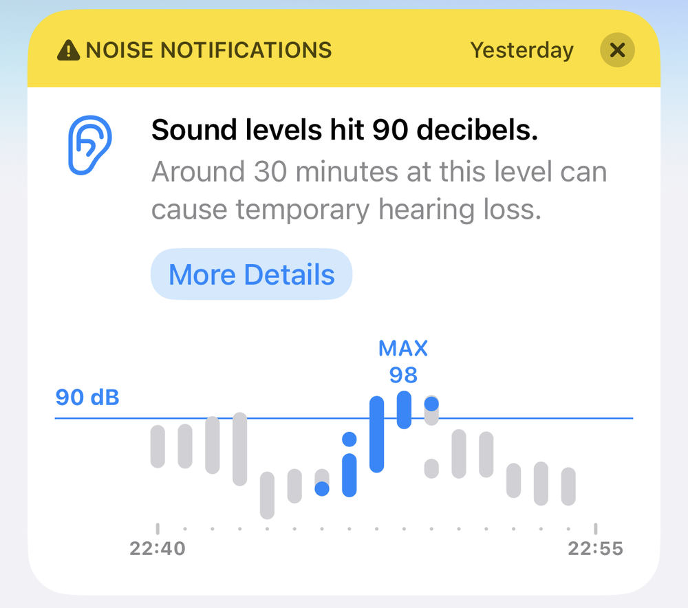 A noise warning from Apple Health showing sound levels exceeding 90bB